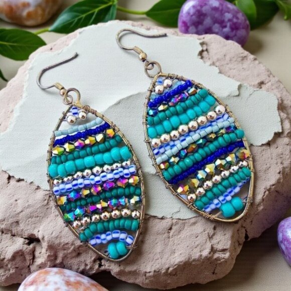 Indian Boho Chic Artisan Coastal Squash Tail Earrings Colorful Beaded Trendy - Picture 8 of 12